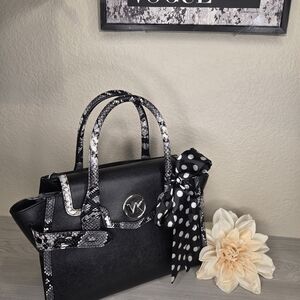 Michael kors Black Satchel with Black and white snake trim. NWOT.